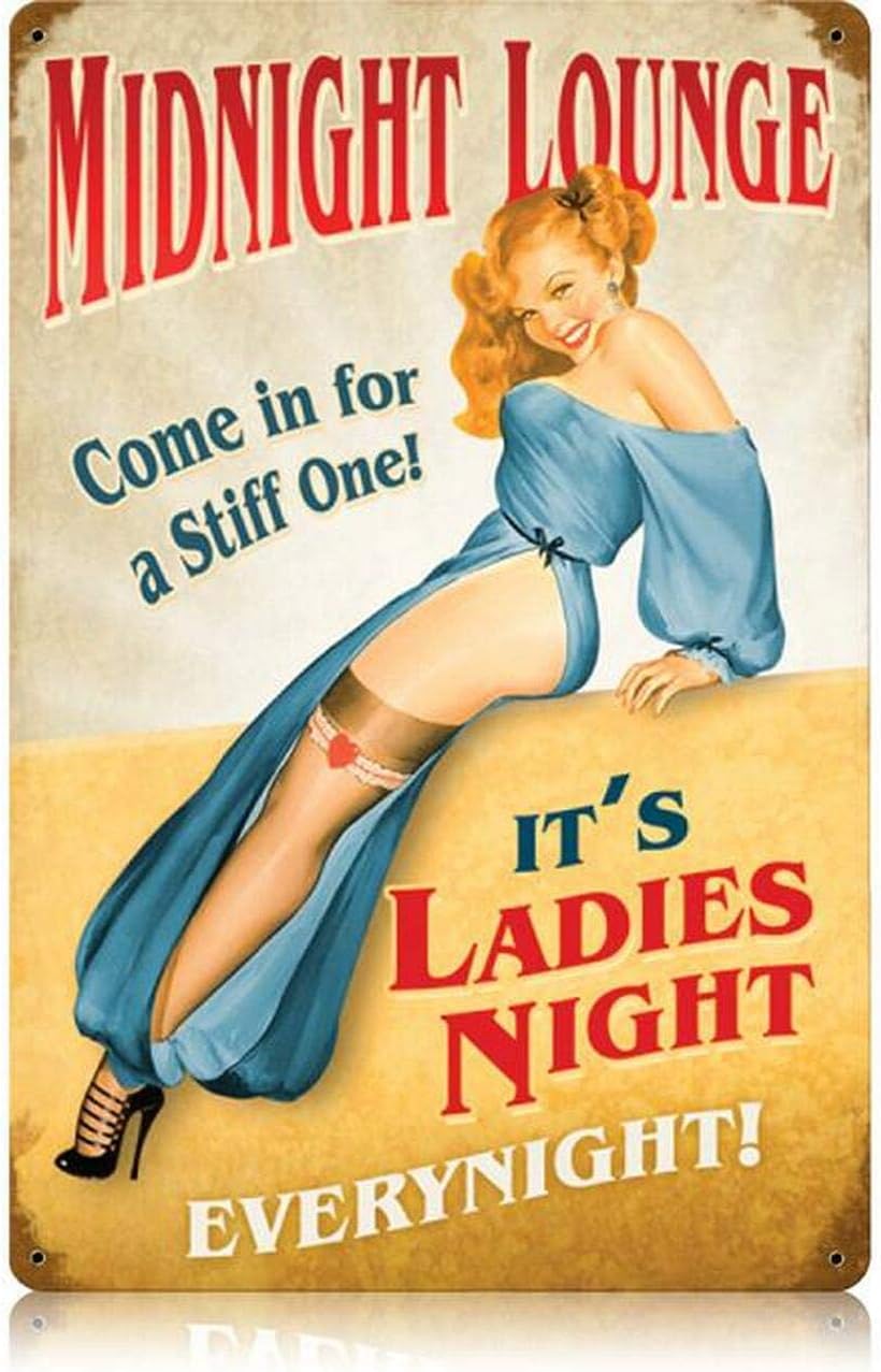 Home Bar Lounge - Y1 ป้ายโลหะวินเทจ ลายสาวพินอัพในมิดไนท์เลาจนจ์ สำหรับตกแต่งผนังบ้าน บาร์ ผับ